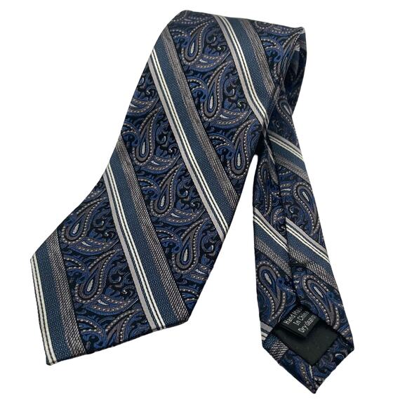Pronto Uomo Paisley Blue / Silver Striped Silk Tie 60"L x 3.25"W - Picture 2 of 6